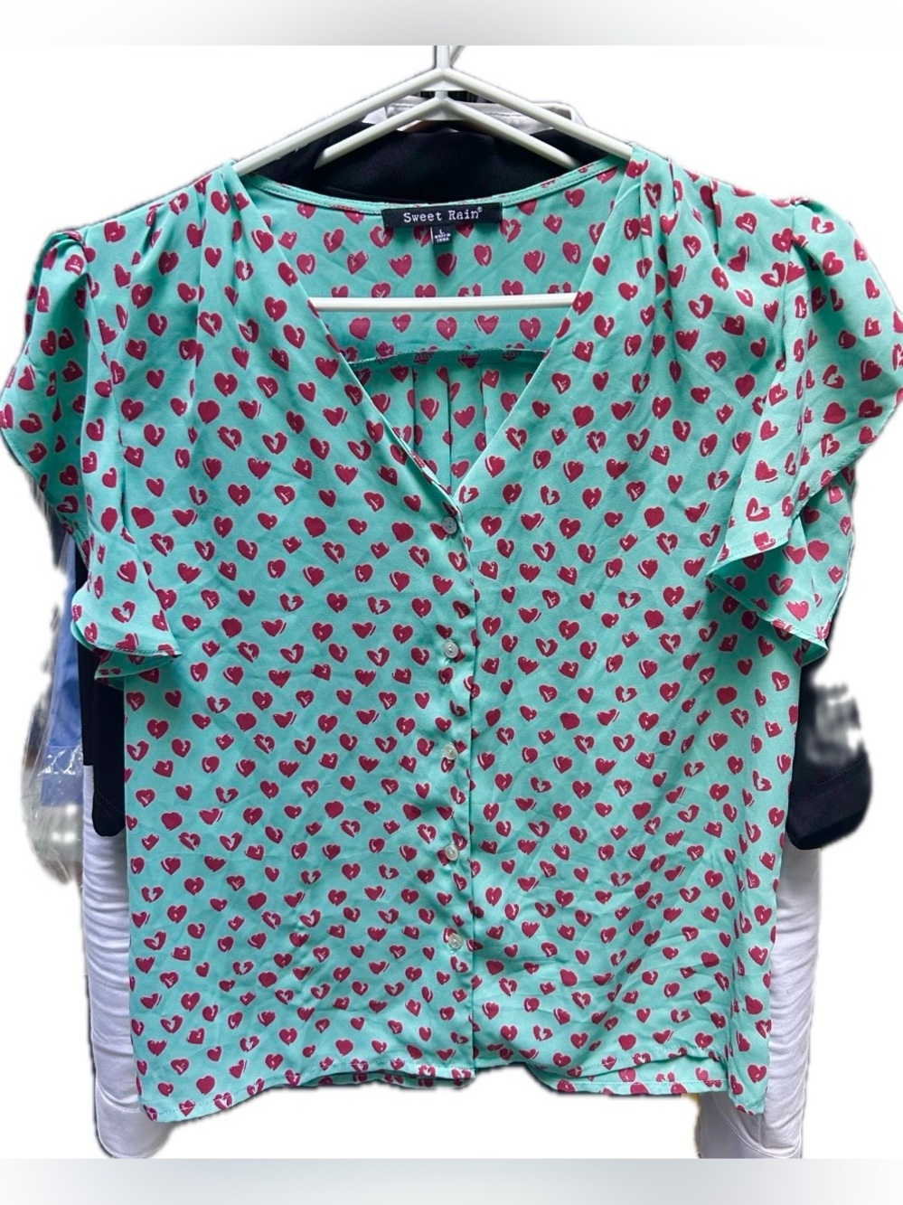 Button-Front Top with Heart Print